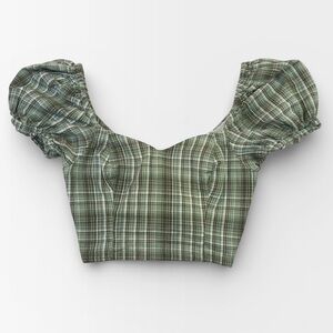 Dizzy Lizzy Women’s Green Plaid Milkmaid Corset Puff Sleeve Crop Top MEDIUM